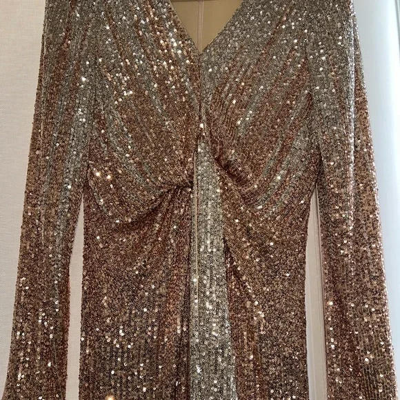 Badgley Mischka Gold Sequin Long Sleeve Dress - Picture 2 of 5